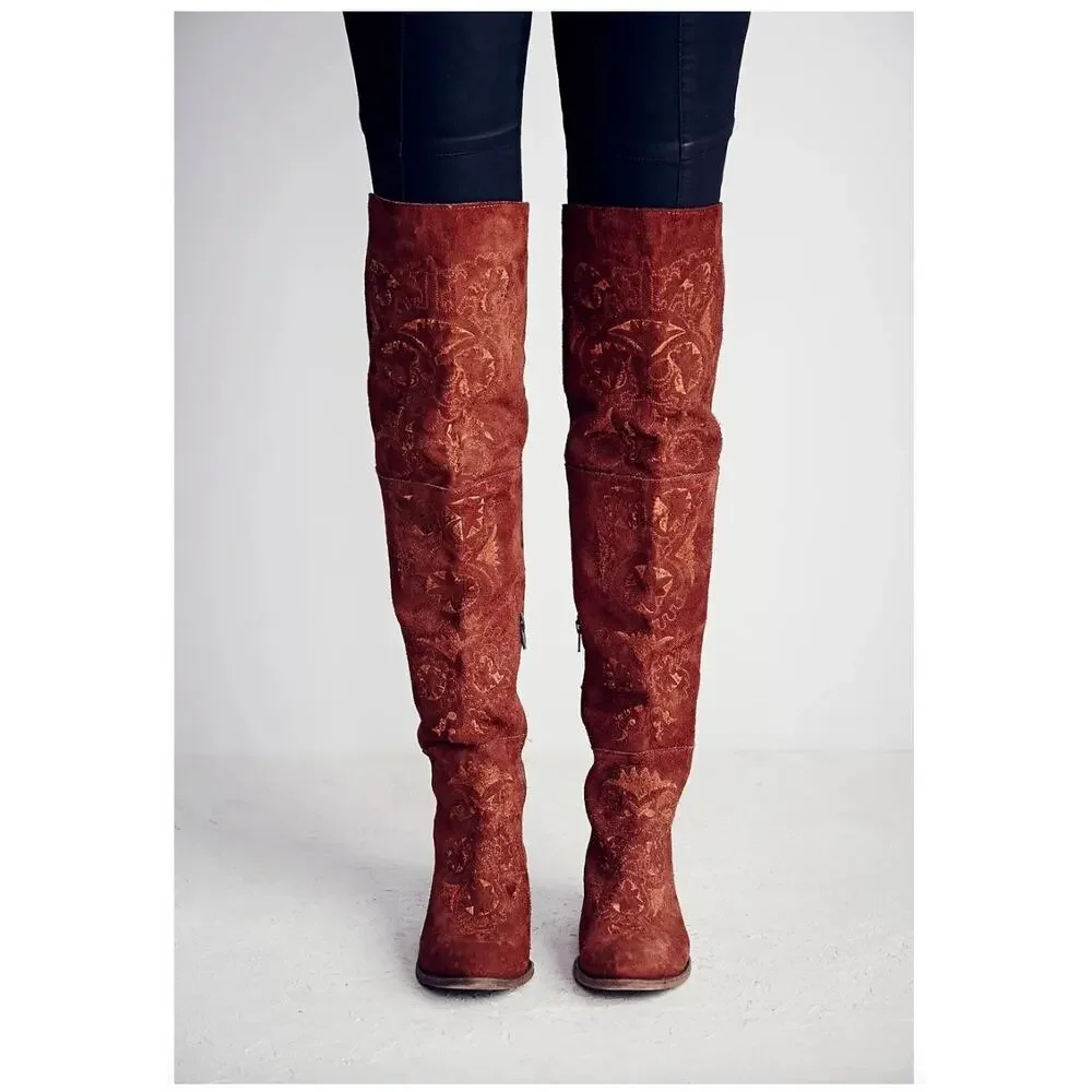 Free People Brown High Noon Suede Embroidered Over Knee Boots Sz EU 37/US 6.5